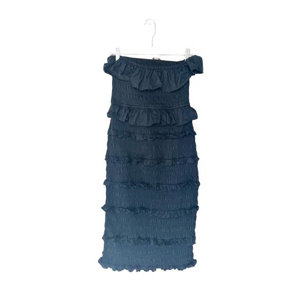 CLEOBELLA Black Poplin Ruffle Strapless Halter Elodie Midi Dress Size Large - Picture 3 of 11